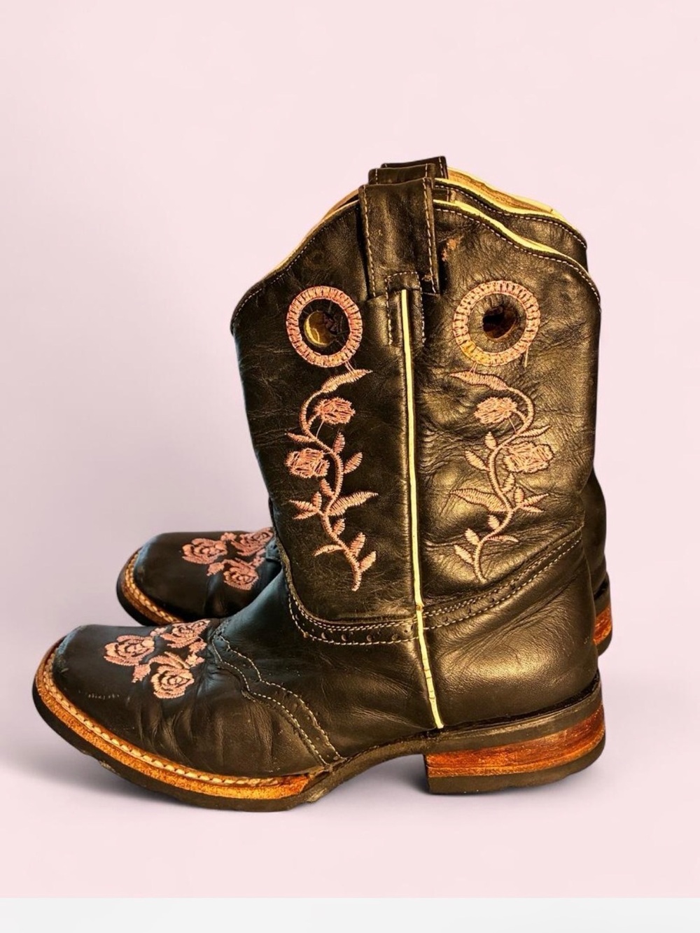 Kid’s Black Leather Western Boots with Pink Rose Embroidery